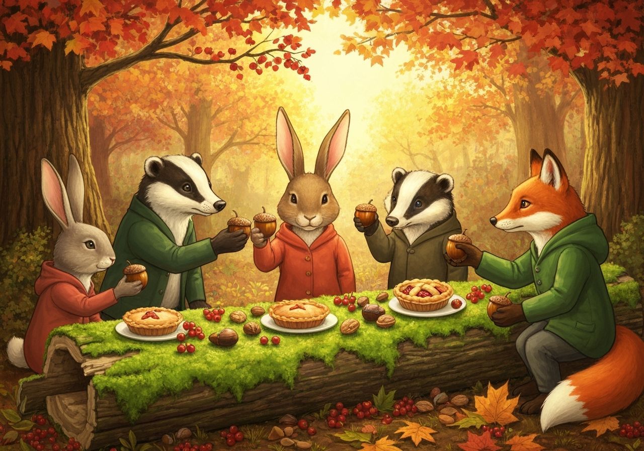 Woodland Creatures Feast in Autumn Sunlight