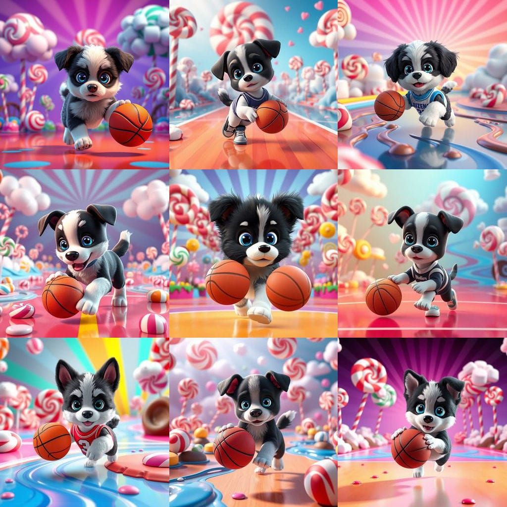 Puppy Plays Basketball on Candy Court in Pixar Style