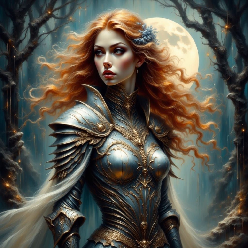 Regal Warrior Under Moonlit Sky in Enchanted Forest