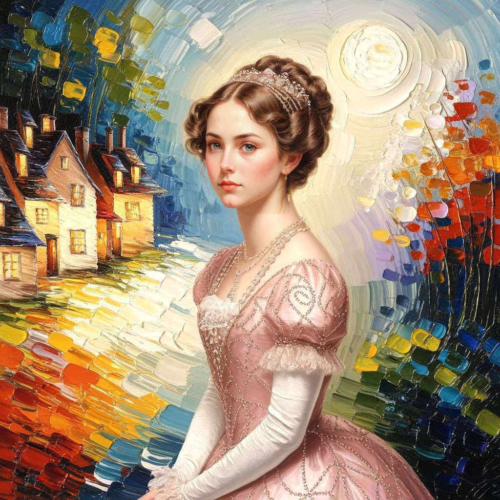 Victorian Woman in Neo-Impressionist Oil Painting