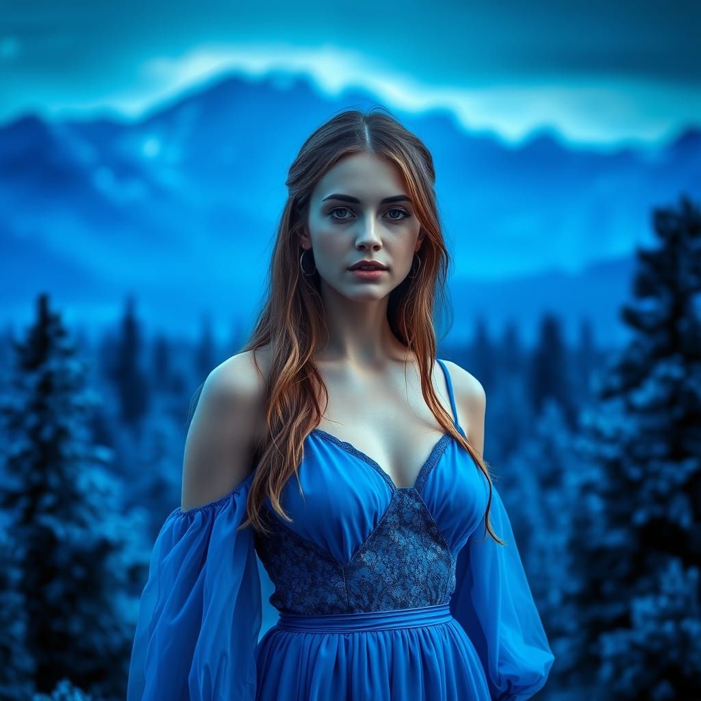 Woman in Blue Dress, Hyperrealistic Monochromatic Landscape