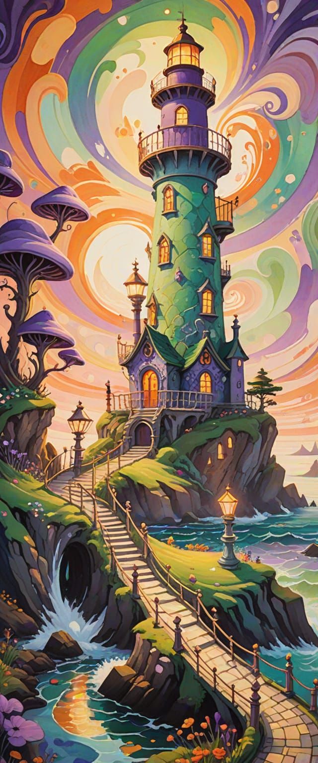 Alice in Wonderland at Lighthouse, Gouache Painting