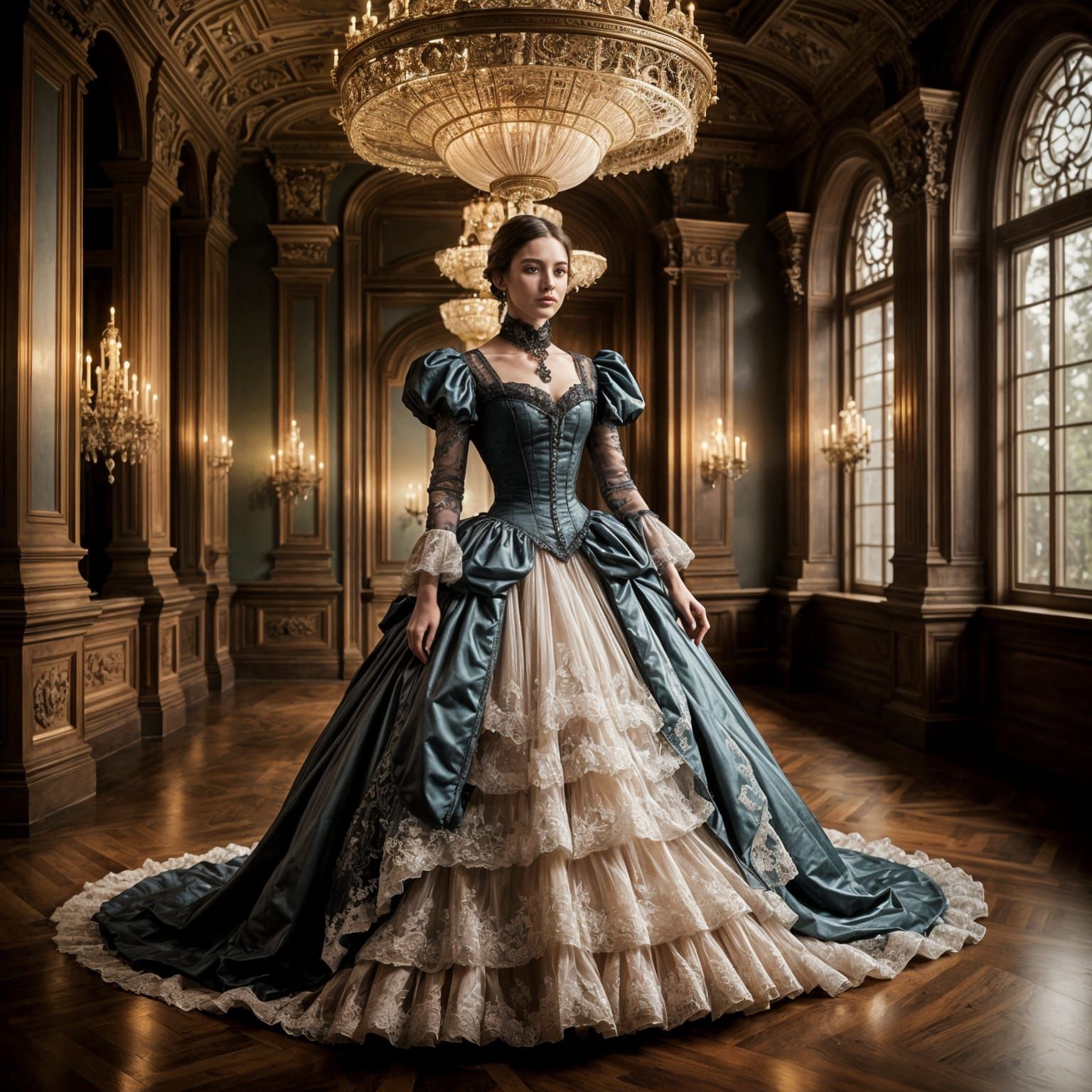 Victorian Woman in Opulent Gown in Grand Ballroom