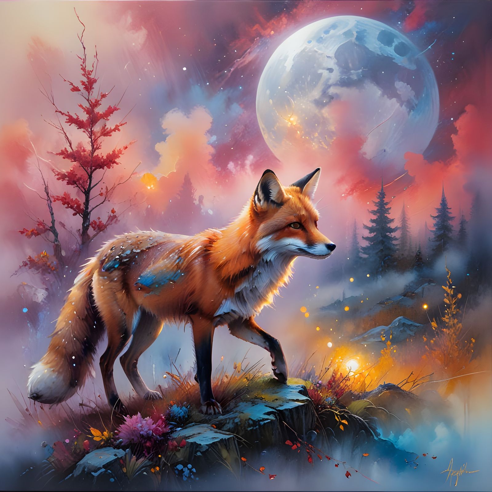 Moonlit Fox in Vibrant Autumn Fog