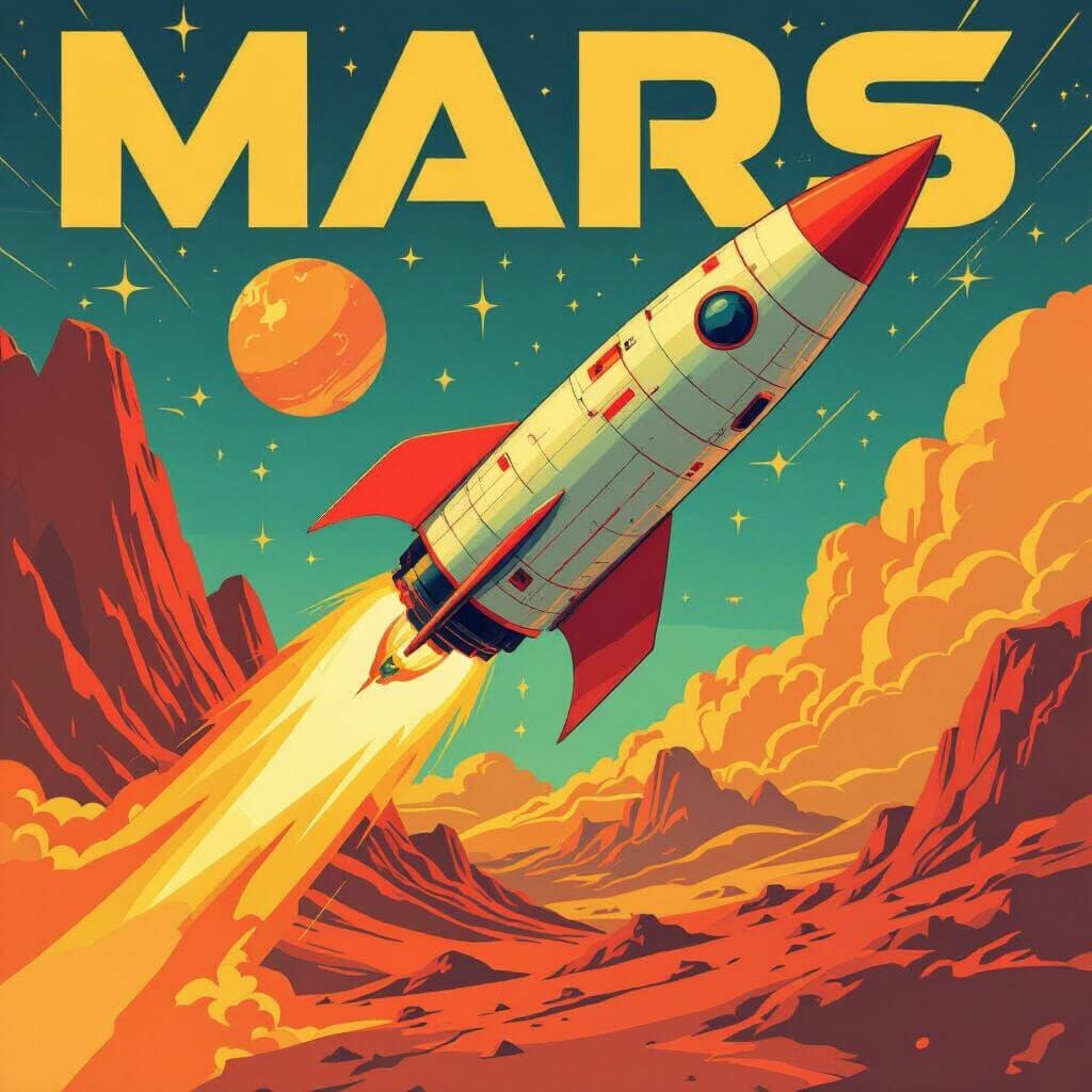 Vintage Travel Poster: Rocket Soaring Past Mars