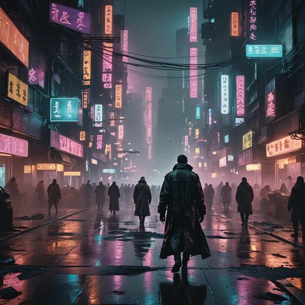 Dystopian Cyberpunk Cityscape with Lone Figure