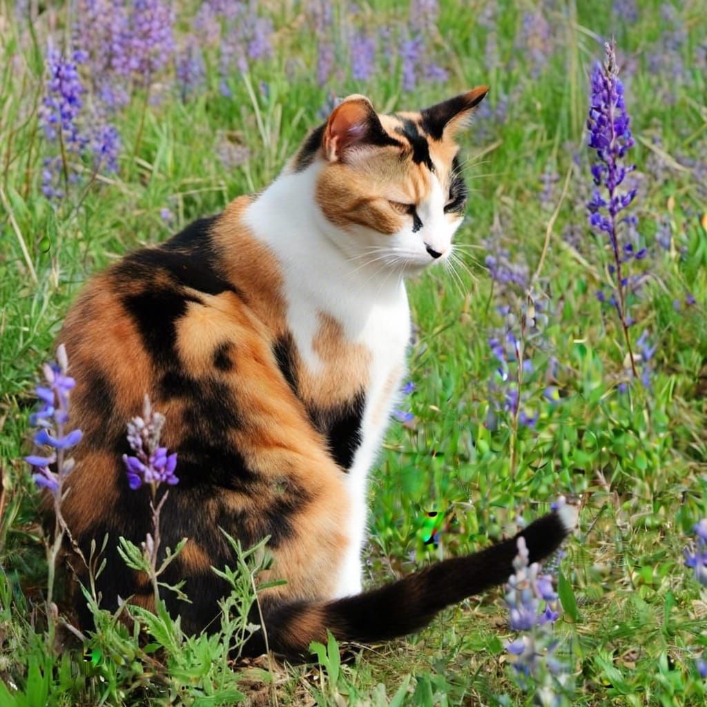 Cat in Lupine Field Oak Tree