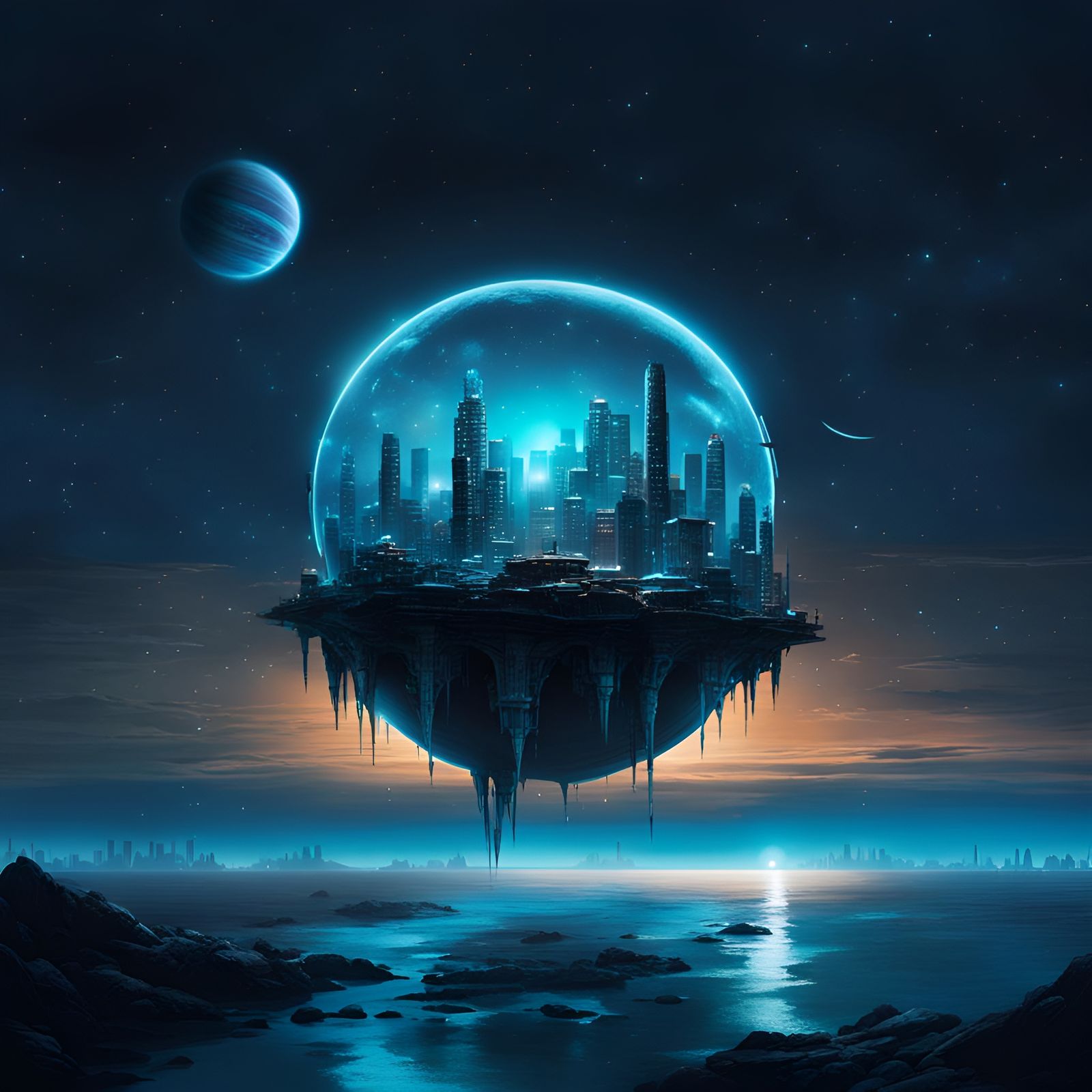 Bioluminescent Alien City Floating Above Ocean at Night