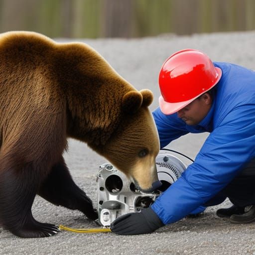 Bear Mechanic Working on a Complex Engine