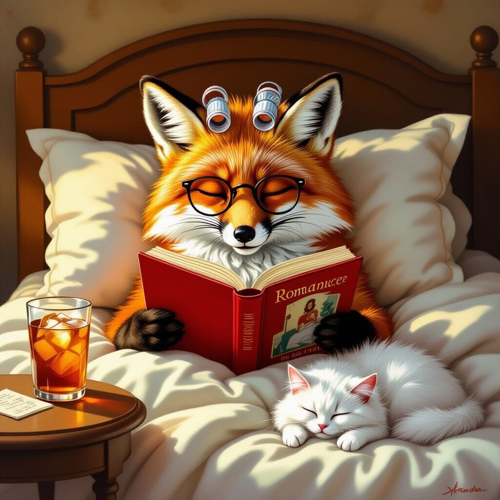 Fox Reads Romance Novel in Bed: Nostalgic Painting