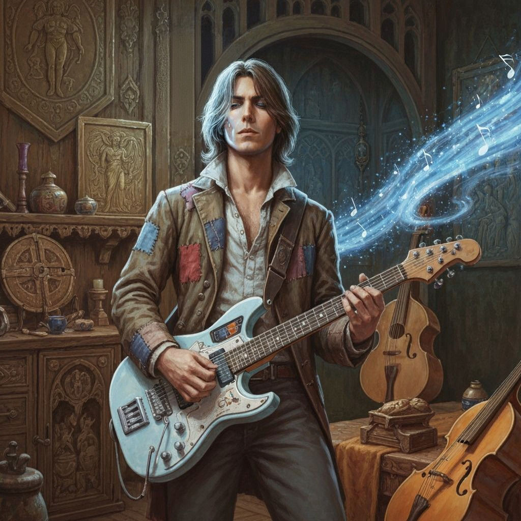 Solarpunk Minstrel Conjures Portal with Cyberpunk Guitar