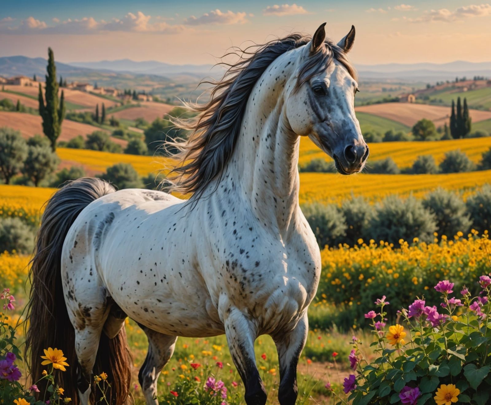 Grazing Arabian Stallion in Tuscan Bloom