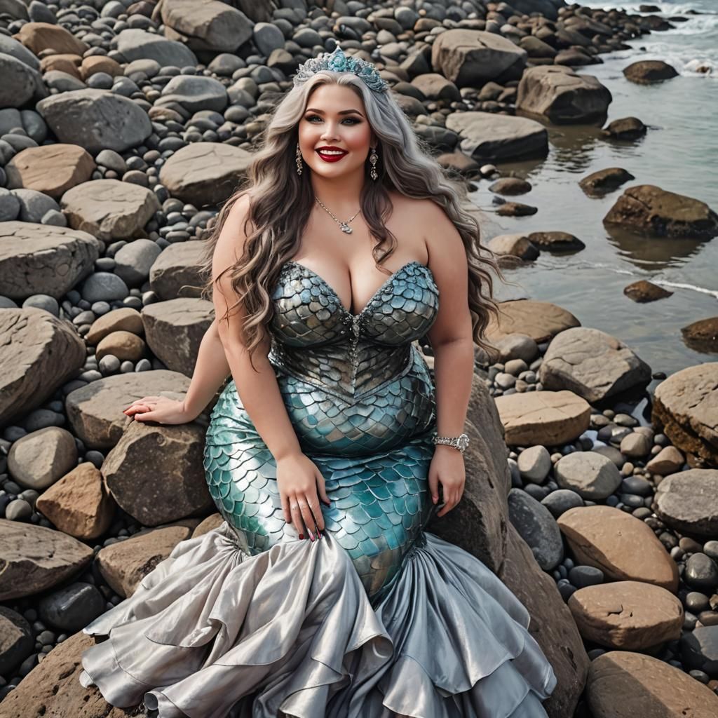 Curvy Older Mermaid on Rocky Beach