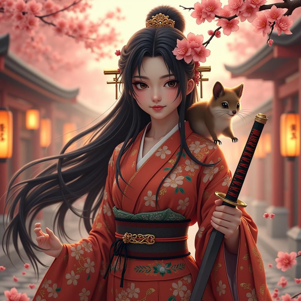 Edo Period Oiran with Flying Squirrel: Hyperrealistic Painti...