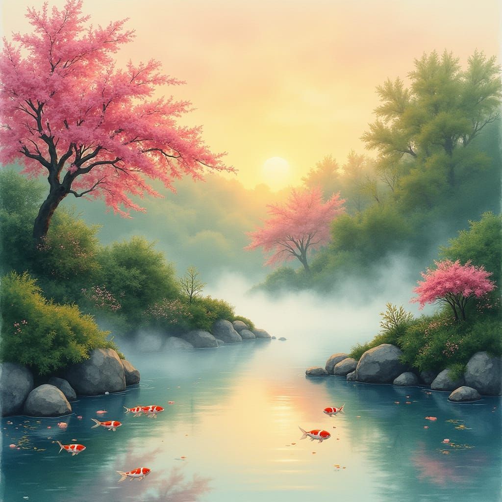 Ethereal Japanese Garden at Sunrise