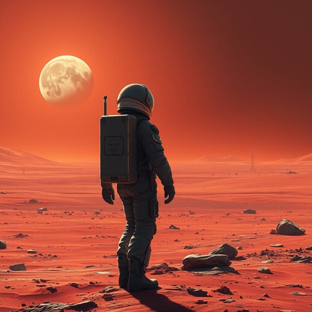 Astronaut on Mars Gazing at Earth, Hyperrealistic Style