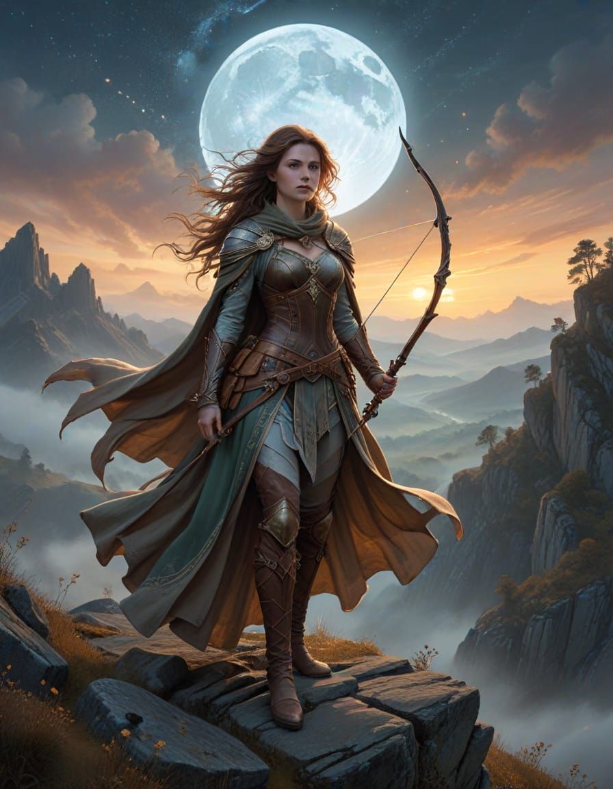 Ethereal Female Ranger at Dusk with Intricately Designed Bow...