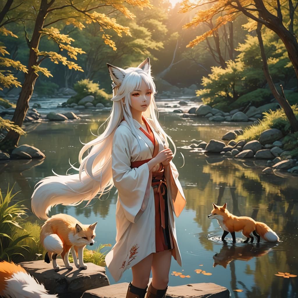 Surreal, Watercolor-Inspired Fox Girl Stands Beside Serene R...