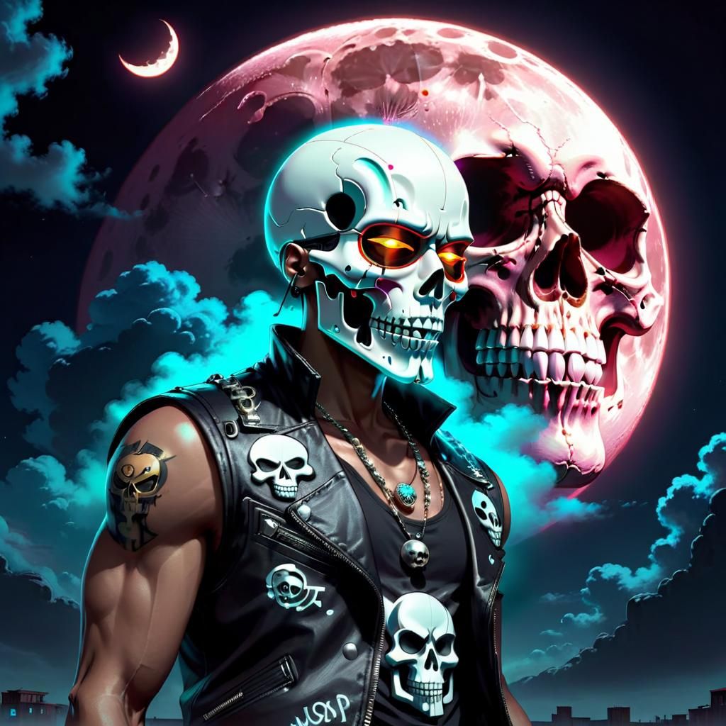 Android Rapper Gazing at Skull Moon in Neon Urban Style