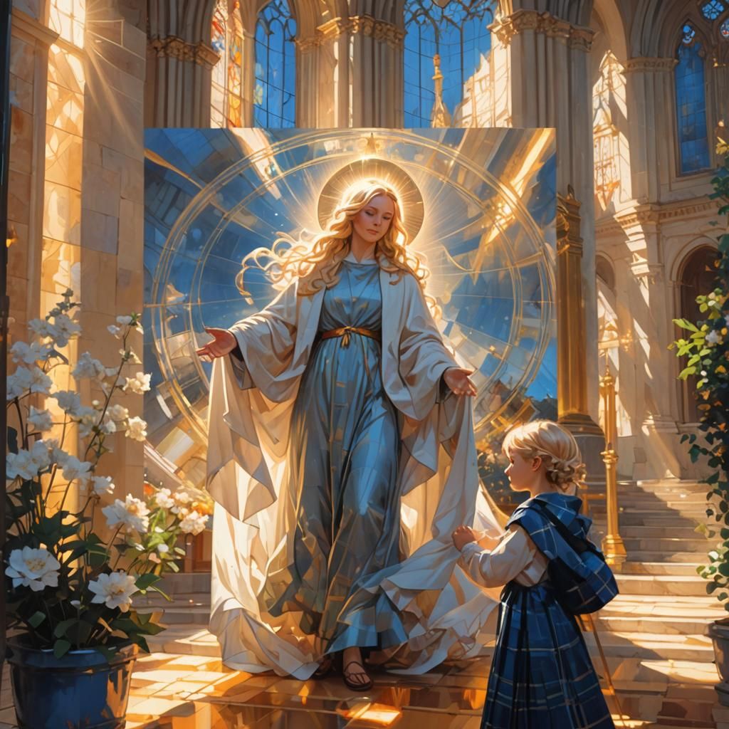 Ethereal Woman and Child in Sunlight: Detailed Illustration