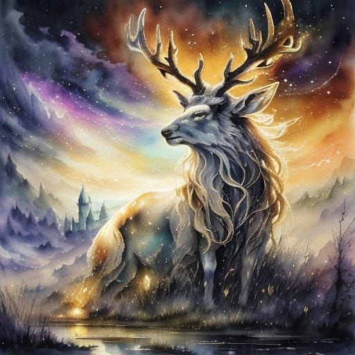 Ethereal Ghost Stag in Dreamlike Watercolor Fantasy Art