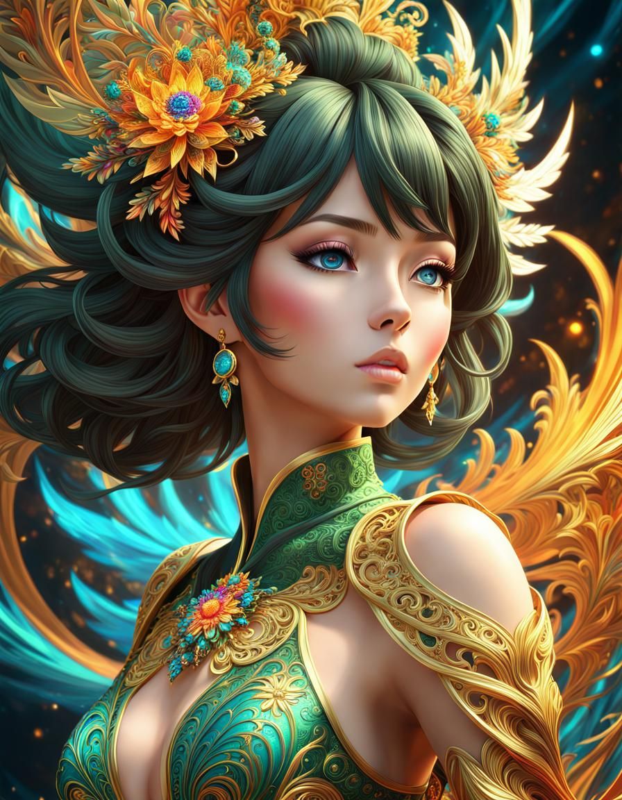 Anime Woman in Fractal Color Explosion, 3D Render