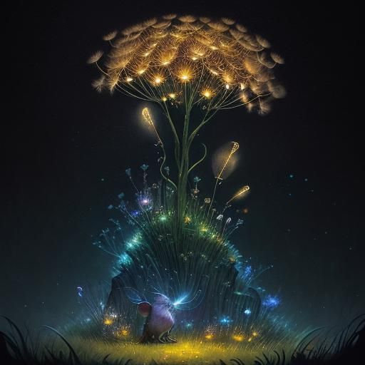 Mouse with Glowing Dandelion in Dark Fantasy Art
