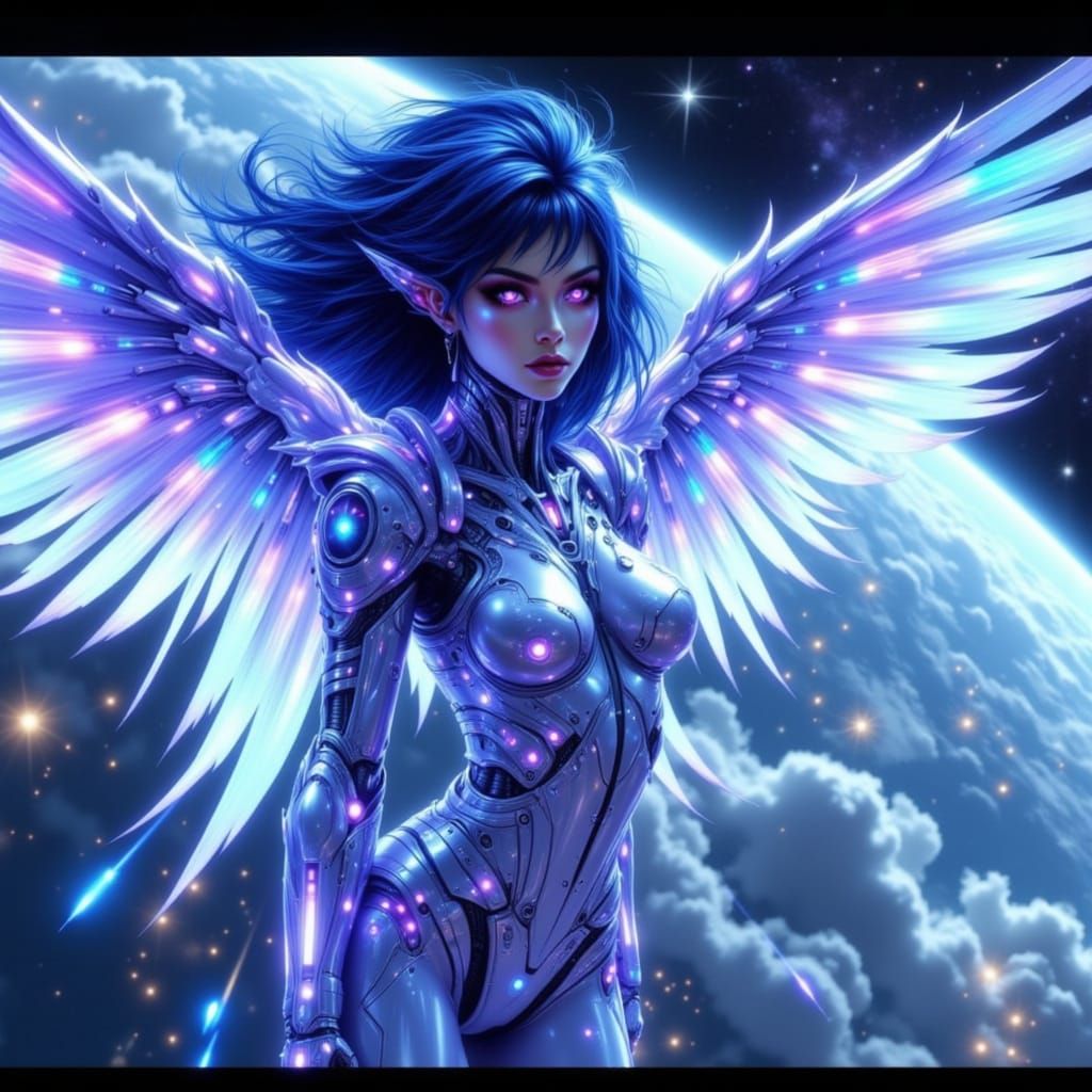 Cyberpunk Angel KOSMOS Soars Above the Earth