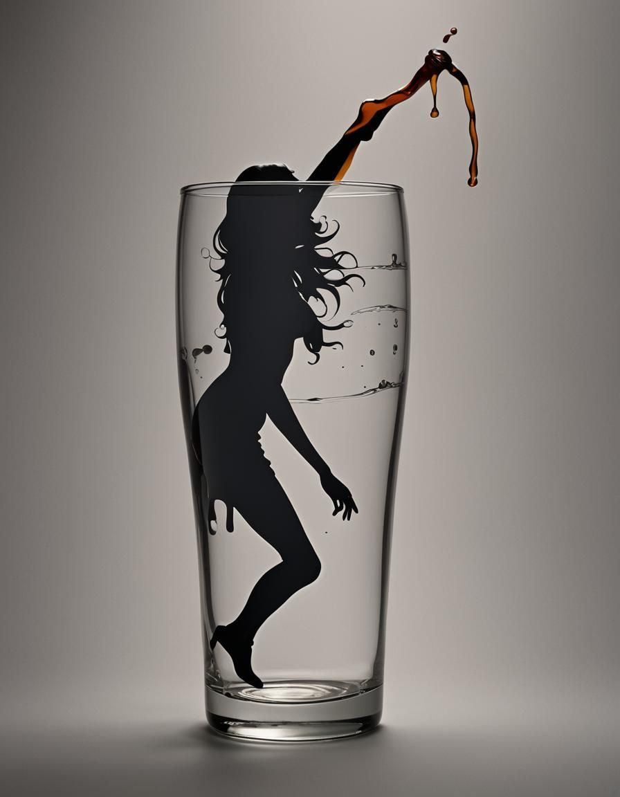 Woman silhouette 
A stunning photorealistic image of cola  poured from a bottle into a drinking glass, it vaguely resemb...