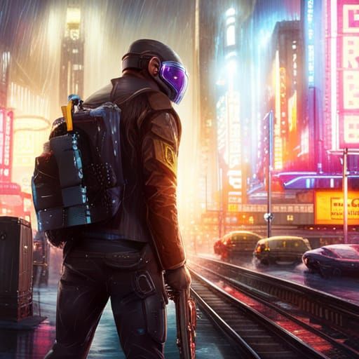 Cyberpunk Train Station with Armored Figure in Rain