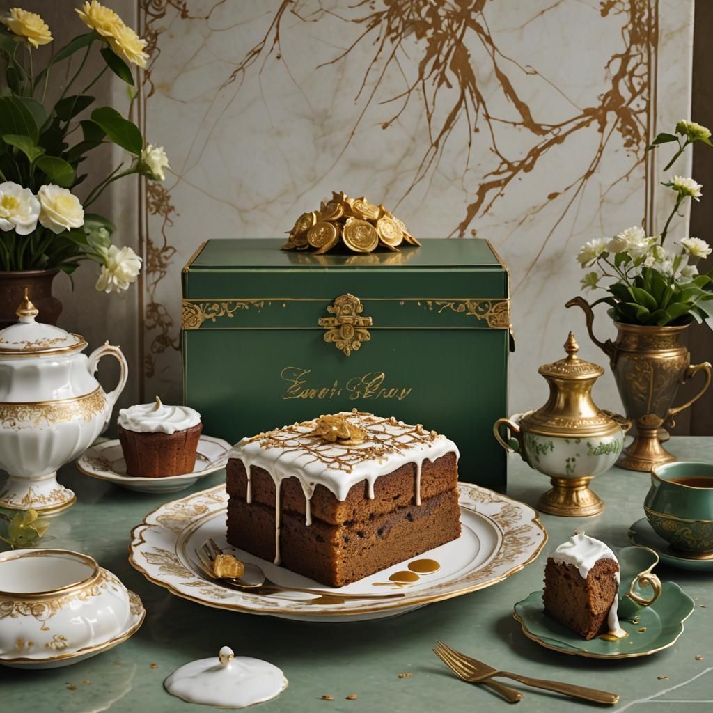Earl Grey Cake Overflowing in Classical Teahouse