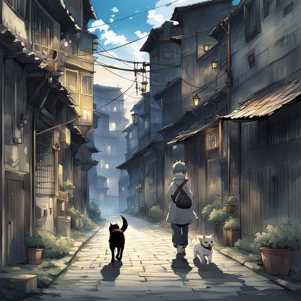 Dog in Shadows: Anime-Style Urban Alley Scene