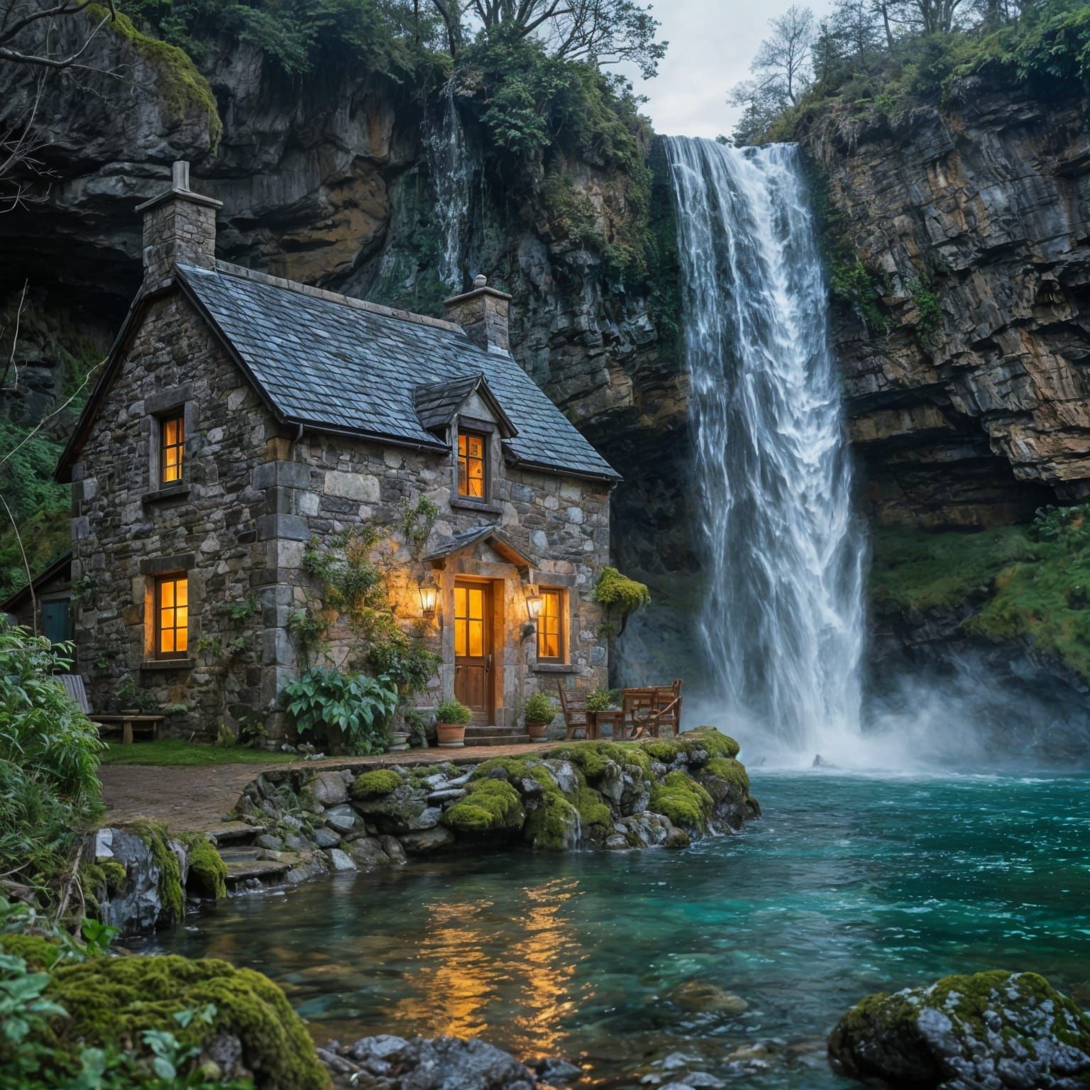 Cozy Cliffside Cottage with Luminous Waterfall at Twilight