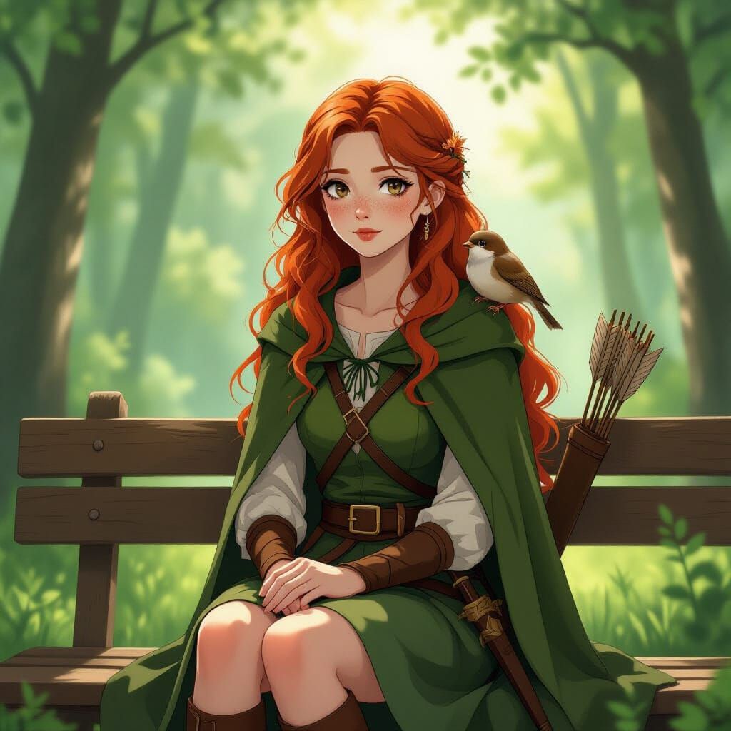 Anime Forest Maiden with Bow and Sparrow
