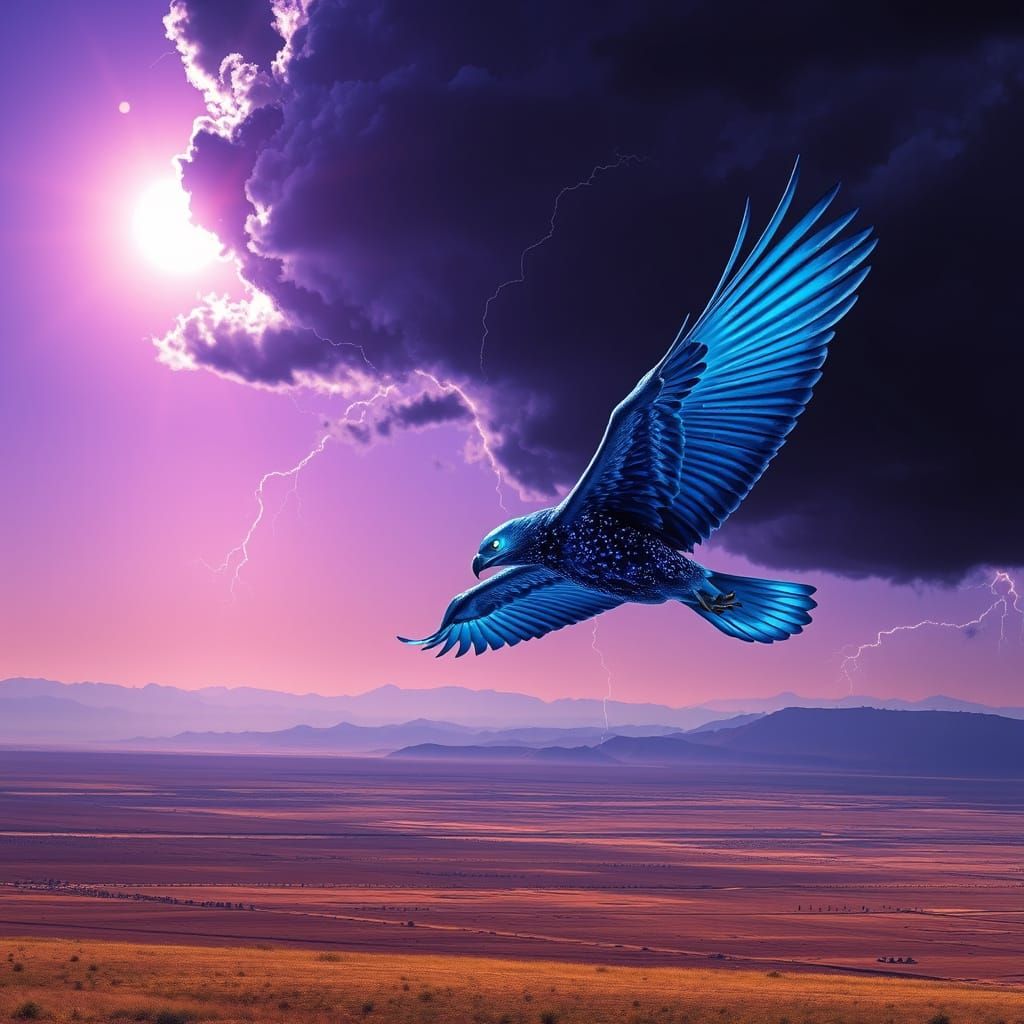 Electric Blue Thunderbird Takes Flight Over Great Plains