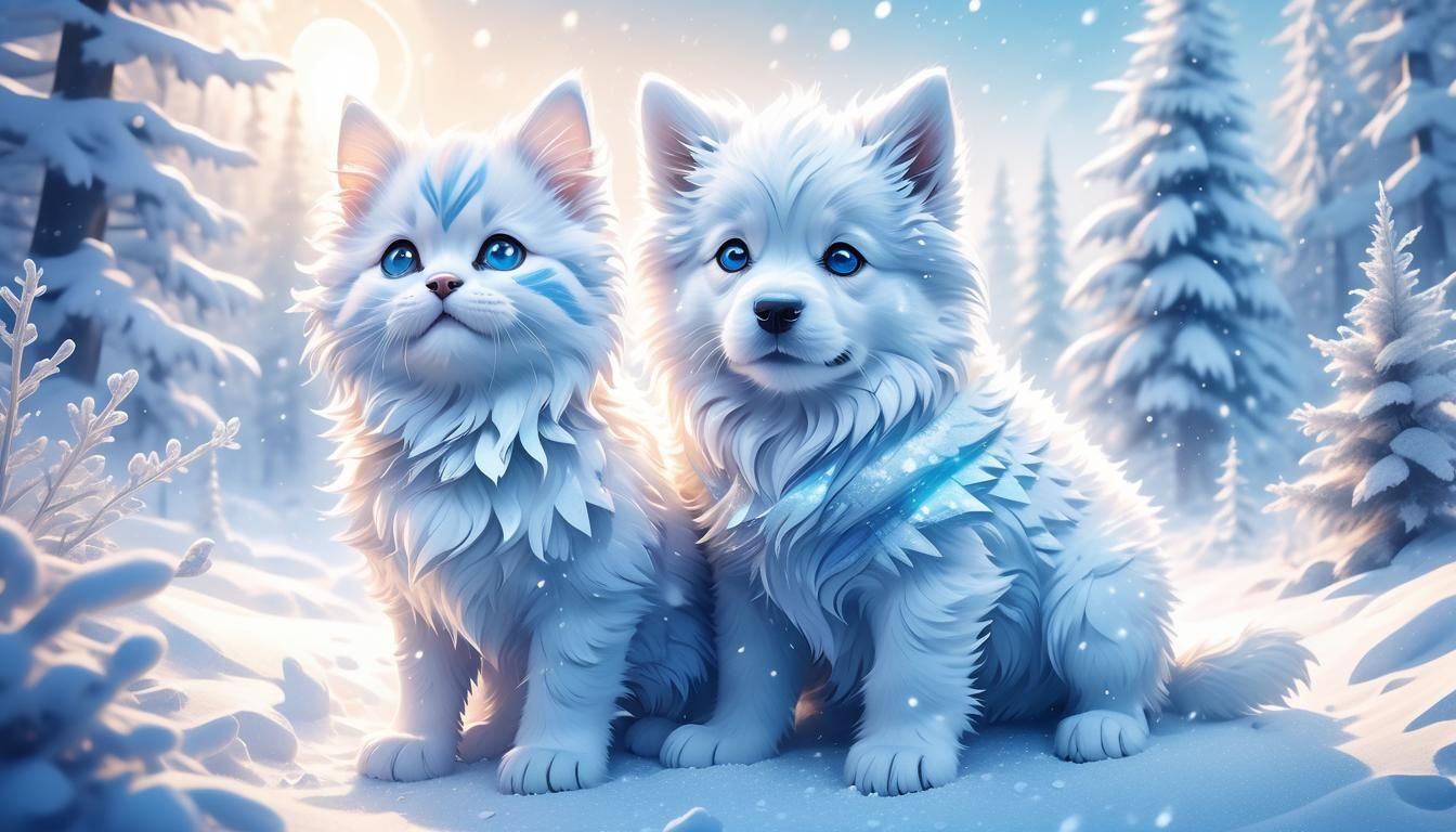 Whimsical Fantasy Scene of Puppy and Kitten in Snowy Forest