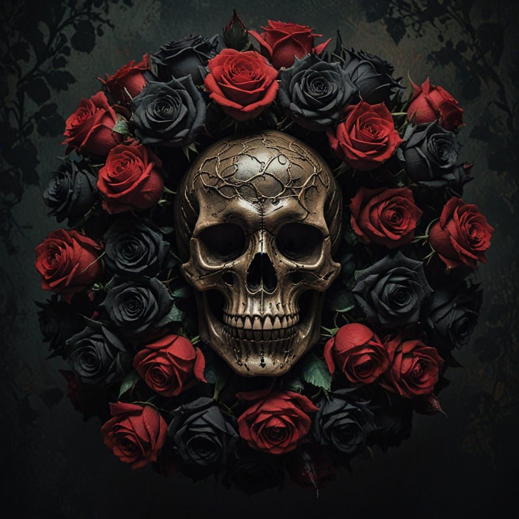 Skull Surrounded by Roses in Fauvist Style