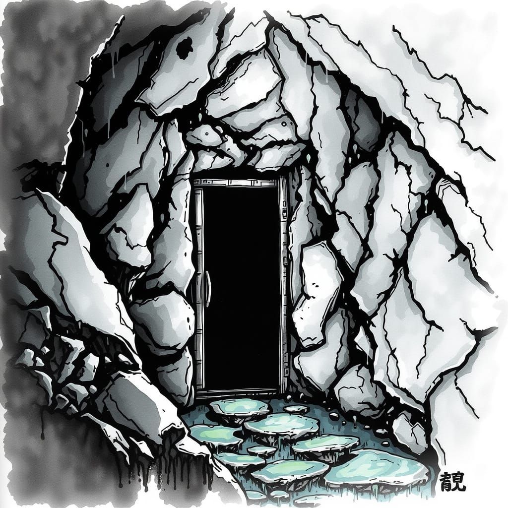 Minimalist Metallic Door in Bioluminescent Cavern: Ink Wash ...