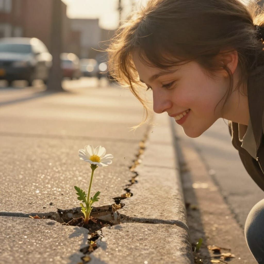 Woman Finds Joy in Urban Resilience, Impressionistic Paintin...