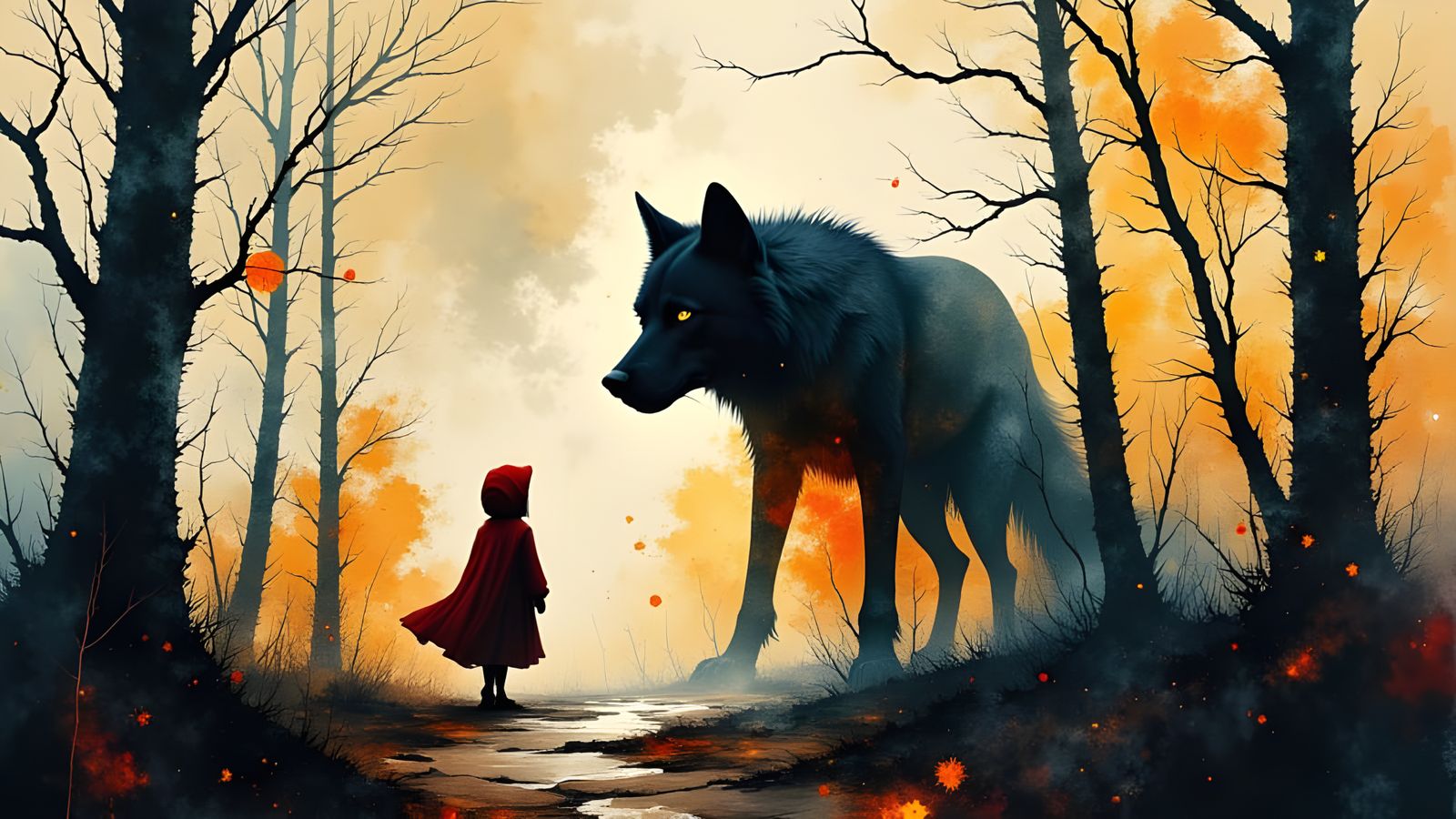 Big Bad Wolf Chasing Viewer Inside Red Riding Hood Silhouett...