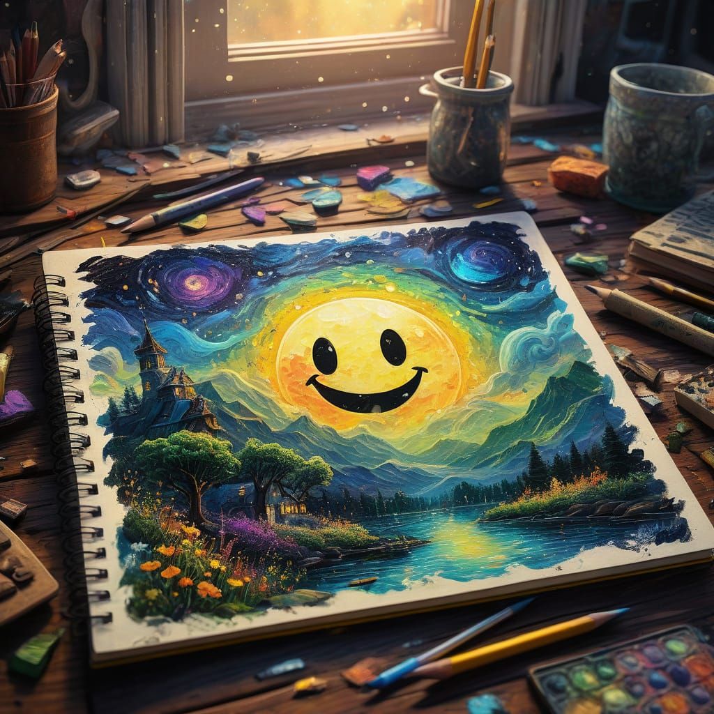 Happy Pencil Dances Over Notebook in Gouache Style