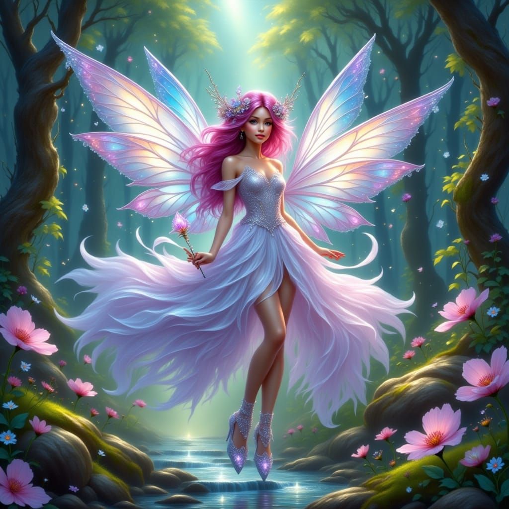 Whimsical Pixie in a Dreamy Forest Landscape