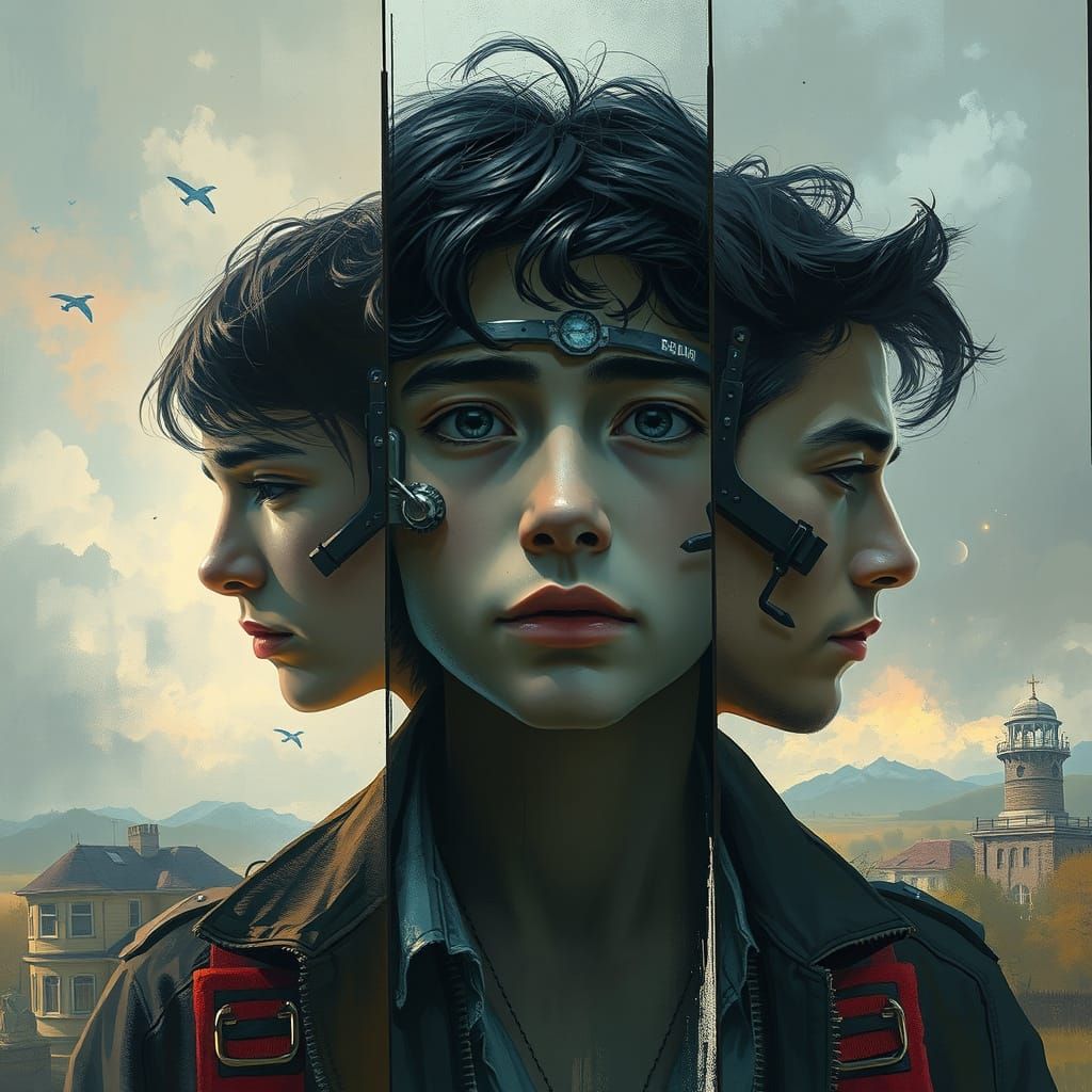 Surreal Triple Portrait in Dreamlike Setting