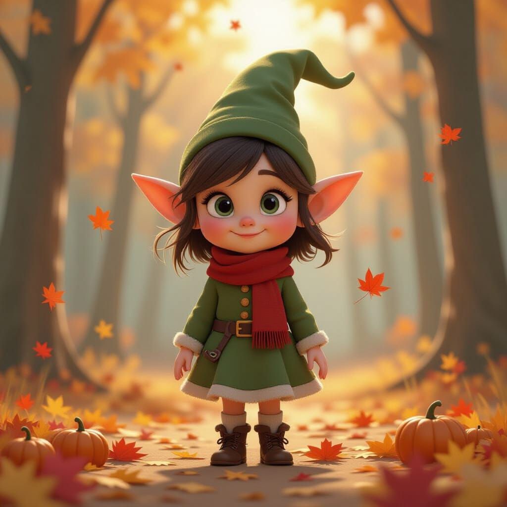 Cute Elf in Autumn Landscape as Pixar Concept Art