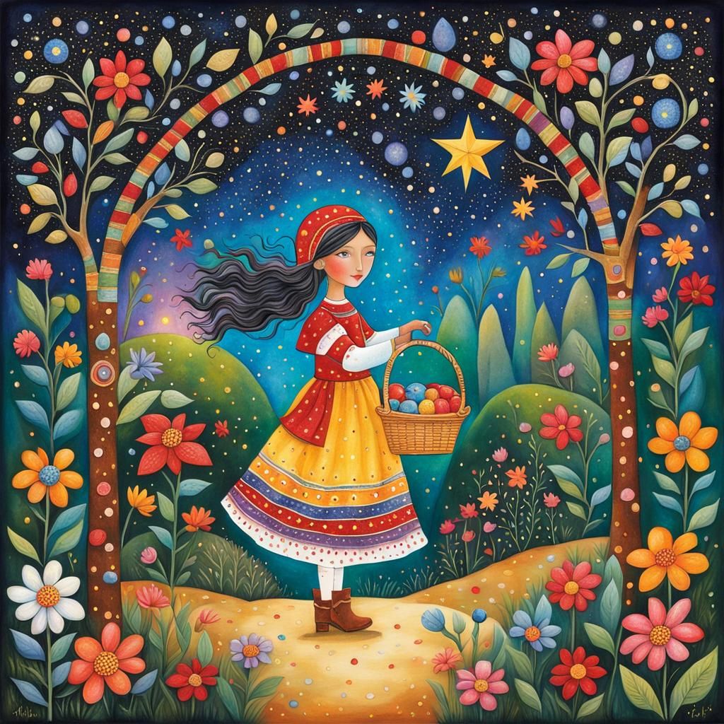 Whimsical folk art in the style of Mary Engelbreit little girl dressed like a gypsy in a magical mystical garden with a ...