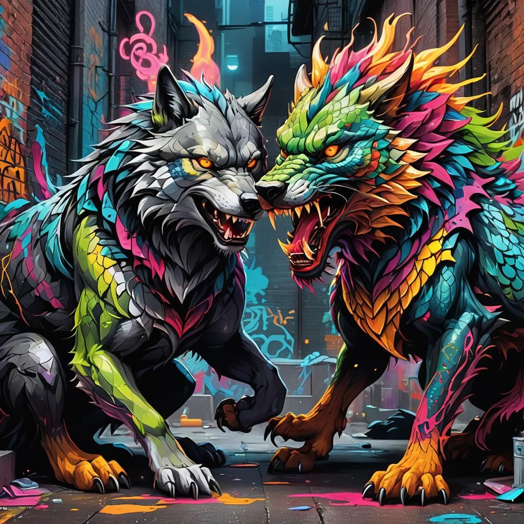 Wolf and Dragon Clash in Urban Graffiti Art
