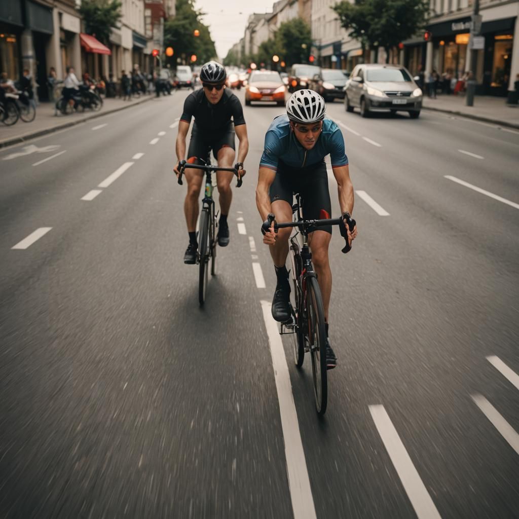 A motion blur shot of a cyclist speeding down a busy street,...