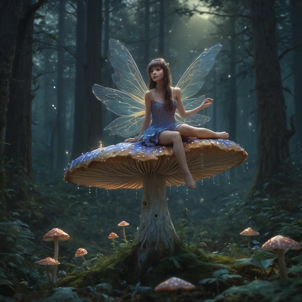 Fairy on Mushroom in Moonlit Forest