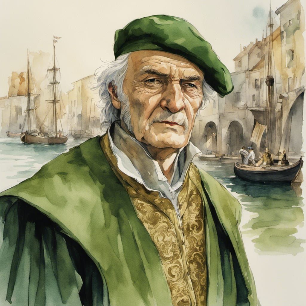 Renaissance Merchant in Harbor, Watercolor Portrait