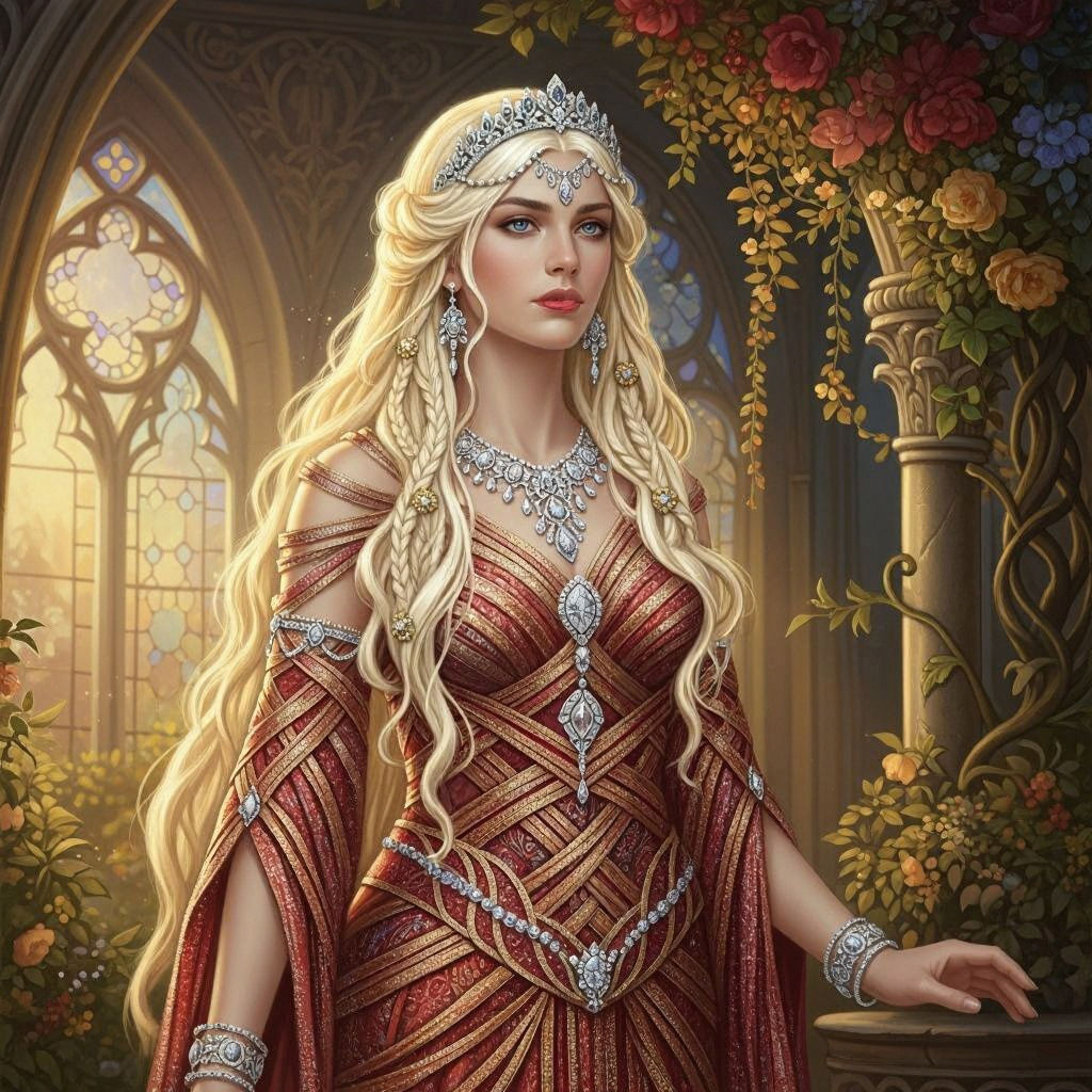 Goddess in Red and Gold Gown